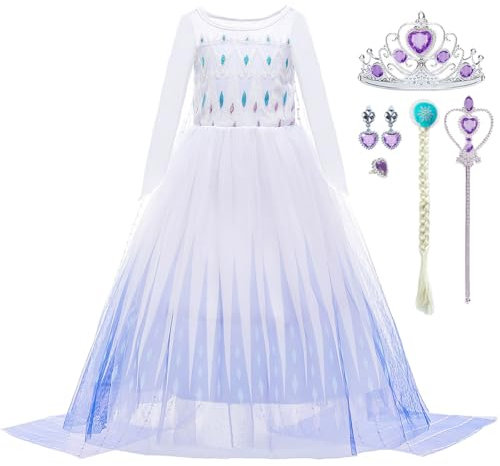 LiUiMiY Eiskönigin Prinzessin Elsa Kostüm Mädchen Kleid Karneval Verkleidung Party Geburtstagsfeier Halloween Fest Cosplay mit Zubehör, Weiß, 128-134 (Etikett 130)