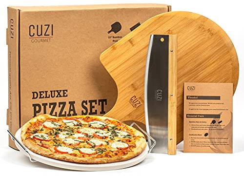 Cuzi Gourmet 4-Piece Large Pizza Stone Set - 13 Thermal Shock Resistant Cordierite Pizza Stone with Handle Rack, 19 Natural Bamboo Pizza Peel & Pizza Cutter - Large Baking Stone for Grill and Oven