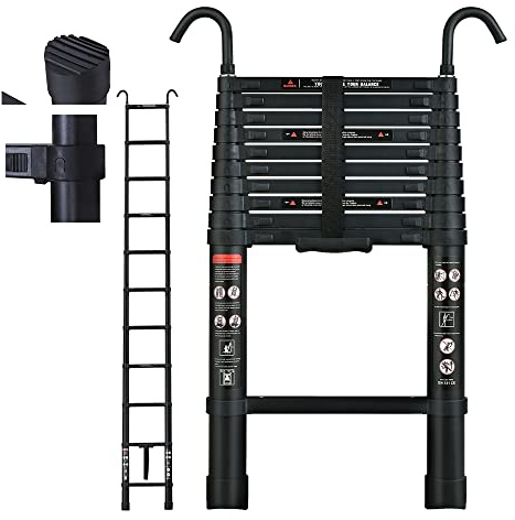 Escalera telescópica de 3,2 m, plegable, de aluminio, con gancho desmontable, color negro