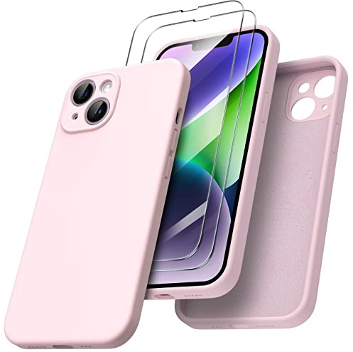 ORNARTO Cover per iPhone 14 Silicone 6.1 Pollici, con 2 Pellicola Vetro Temperato, Morbido Silicone Liquido Protezione, Antiurto Ultra-Sottile Protezione Custodia iPhone 14-Rosa Creta