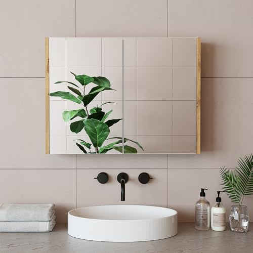 ROOMART, Spiegelschrank, 80 cm, Badezimmermöbel Set, Atlantic, 4 Teilig Badezimmerschrank, 100 cm Unterschrank mit Keramikwaschbecken, Hochscrank (Weiß Eiche, Spiegelschrank)