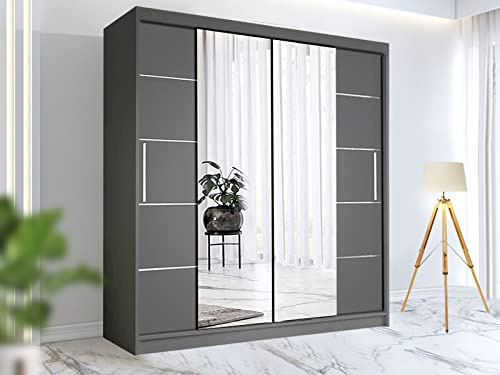 RAC3 Wardrobes for Bedroom with Mirrored Sliding Door & LED Light Premium Wardrobe Storage with Sleek Design comes in Colours Black/White/Grey/Oak- Different Sizes from 150cm - 250cm (Gray, 203cm)