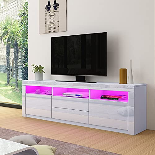Senvoziii LED TV Schrank Modernes Hochglanz TV Board mit 2 Türen & 2 Schubladen Fernsehschrank für Wohnzimmer Schlafzimmer Möbel, Weiß, 160 x 35 x 60 cm