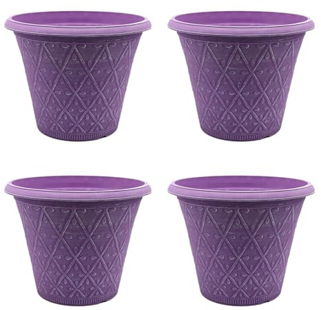 Fyne-Finds Set of 4 Round 30cm, 12inch Garden Plastic Material Plant Pot Raisin Purple Outdoor Planter Decorative Cover, Drainage Holes, Weather, Frost Proof
