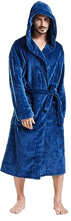 FashGudim Peignoir à Capuche pour Hommes, Col Châle en Peluche, Peignoir Doux et Chaud en Molleton de Flanelle, Robes de Spa, Manteau de Maison, Longueur de Veau avec Poches