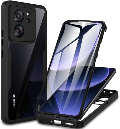CENHUFO Funda Xiaomi 13T 5G / Xiaomi 13T Pro 5G, Carcasa Antigolpes 360 Grados con Protector de Pantalla Integrado Robusta Doble Cara Bumper Case Transparente Anti-Amarilleo Completa Capa - Negro