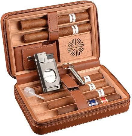 SaiDuoDuo Caves à cigares de voyage pour cigares, étui à cigares en cuir 3 en 1 en bois de cèdre, kit de voyage pour cigares avec allume-cigare, coupe-cigare et porte-cigare,Marron