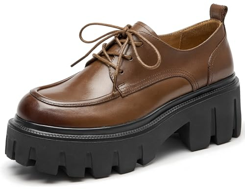 BEAU TODAY Platform Oxfords for Women, Oxford Shoes for Women, Chunky Leather Lace Up Oxford Shoes, Casual Comfort Business Work Office Dress Shoes, Brown, 8.5 UK