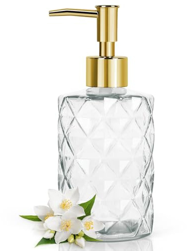 Yiter 330 ml Soap Dispenser, Glass Hand Soap Dispenser with Plastic Pump for Lotion, Hand Wash, Diamond Design Washing Up Liquid Dispenser for Kitchen, Bathroom Decor(1pc/Clear Gold)