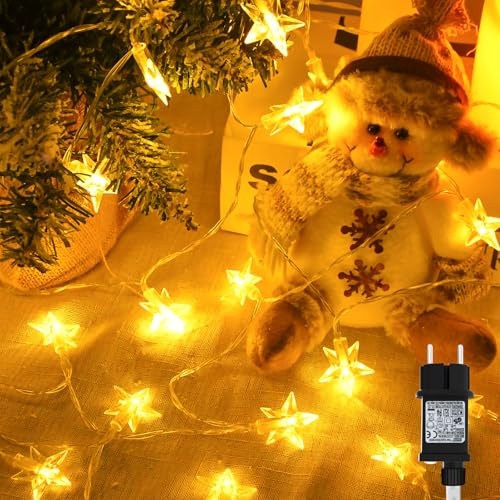 cshare Lichterkette Sterne Außen, 15M 100LED Fünfzackiger Stern Lichterketten mit Stecker 8 Modi Timer IP44 Wasserdicht Lichterkette für Weihnachten Garten Innen Außen Dekorationen,Warmweiß
