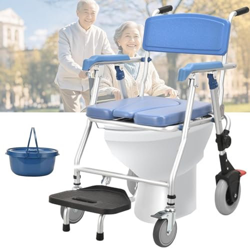 Generisch Fahrbarer Toilettenstuhl für Senioren, Duschstuhl mit Armlehne Rückenlehne, Nachtstuhl für Senioren Behinderte und Schwangere, Toilettenrollstuhl mit Rollen, Tragfähigkeit 150kg