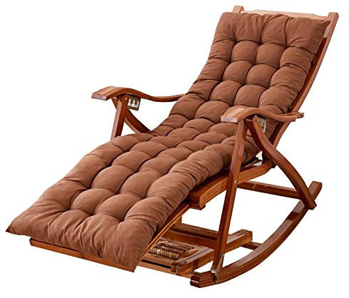 Sedia a dondolo in bambù con cuscino regolabile in cotone e poggiapiedi retrattile, portatile, per esterni, per giardino, piscina, cuscino marrone incluso