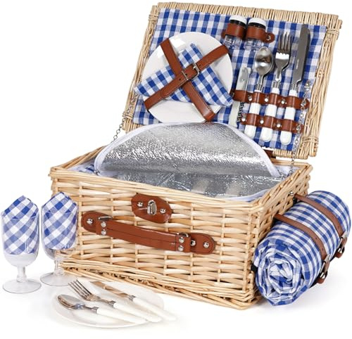 HappyPicnic Picnic Basket Set for 2 - Wicker Picnic Basket with Waterproof Blanket & Insulated Liner, Large Handmade Willow Hamper with Cutlery Kit for Outdoor, Picnic, Camping, Party, Holidays (Blue)