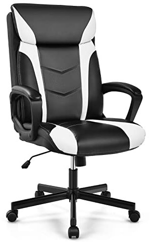 OWOHYG Chefbüro, ergonomischer Büroschreibtisch aus PU-Leder in Schwarz und Weiß, hohe Rückenlehne, Computertisch mit Lordosenstütze, hochklappbare Armlehne, rollendes Drehgelen