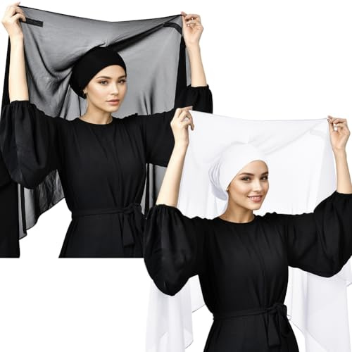 Besforta 2Pcs Women Instant Chiffon Hijab with Built-in-Magnet and Sewn Undercap Chiffon Head Wrap Under Scarf Caps, Black & White, One size