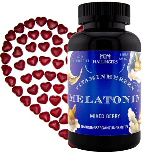 Hallingers Melatonine Lapins XL pour enfants – Cœurs vitaminés aux baies mélangées 120 gommes végétaliennes avec mélatonine hautement dosées, 0,5 mg par cœur (boîte) – Idées cadeaux de Noël et cadeaux