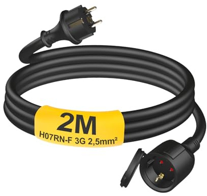 HUARUI Verlängerungskabel Outdoor 2m mit Schutzkappe H07RN-F 3G 2,5 mm², Gummi Stromkabel Verlängerung mit Schuko Stecker für den Außenbereich IP44, Elektrokabel außen, 3500W, 16A 250V, Schwarz