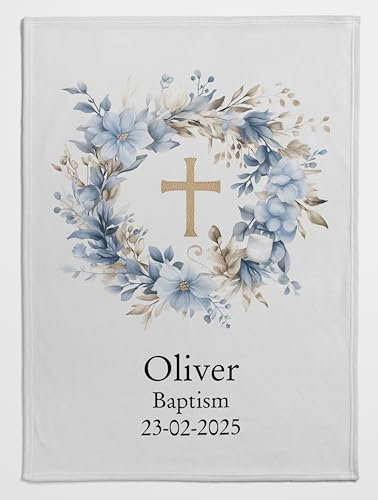 Pictogogo Couverture de Baptême Personnalisée - Nom & Date au Choix - Cadeau de Baptême Catholique - Souvenir Doux en Polaire pour Garçon ou Fille (Croix & Couronne)