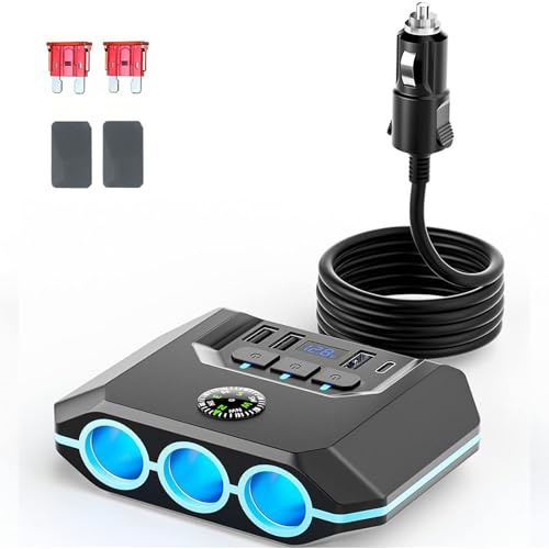 Répartiteur allume-cigare, adaptateur de chargeur de voiture 120 W avec USB et PD, prise d'alimentation multi-ports 7 en 1 avec interrupteurs indépendants et affichage de la tension LED pour véhicules