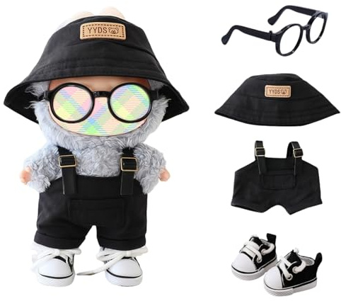 Clothes for Lu bubu 17cm Dolls (No Doll) Accessories, Stylish Kawaii Overalls Outfit Set 4 Pieces Bib Pants for 17cm Dolls, Cute Doll Hat Shoes Clothing Set Replacement Black