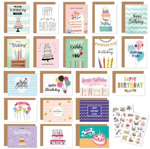 KEWUF 20 Pcs Biglietti di Auguri per Compleanno con 20 Buste e 20 Adesivi Biglietti di Auguri Con Buste Biglietti di Auguri di Buon Compleanno per Bambini e Adulti, Ragazzi e Ragazze(B)