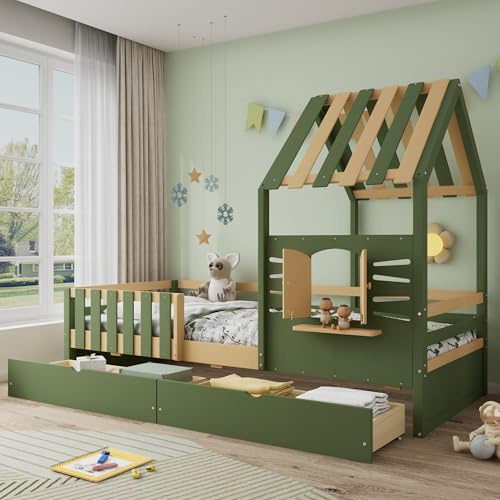 Miyemo Bunk Bed for Kids, 3ft Single Bed with Storage Drawers, Cabin Bed, Imitation Roof Shape with a Window, MDF + Pinewood + Plywood, 90 * 190cm, Green + Natural, (No Mattress)