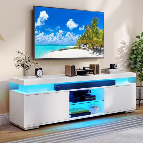DWVO White Modern TV Stand with LED Lights and Power Outlet, Modern Entertainment Center for 55/60/65 Inch, Media Console Table TV Cabinet with Storage, Universal TV Stand for Living Room,White