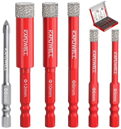 KAFUWELL 6pz Punte Trapano Diamantate per Gres Porcellanato, 5-12mm Punte Diamante, 6mm CarbidePunte, gambo esagonale, per Ceramica, Quarzo, Vetro, Granito, Mattone, Marmo, Porcellana, Gres Fine