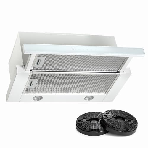 Vlano Einbau-Dunstabzugshaube, 60 cm, Fernbedienung, 4 Leistungsstufen, Touch Control, LED, EEK:A, Weiß, 685 m³/h, ausziehbare Telekophaube, Flachschirmhaube (Umluftbetrieb (mit Aktivkohlefilter))