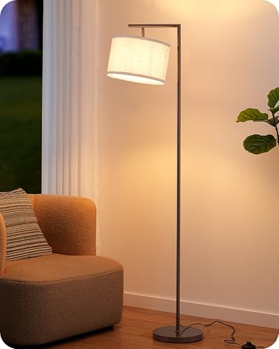 EDISHINE Lámpara de Pie Minimalista con Pantalla de Lino Beige, Bombilla Incluida, Pantalla Ajustable, Casquillo E27, 160cm Lámpara de Arco Moreno para Dormitorio, Salón, Oficina