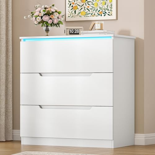 Hzuaneri Kommode, Mit LED-Beleuchtung, Kommode mit 3 Schubladen, Spind mit Beleuchtung, Moderner Stil, Geeignet für Wohnzimmer und Schlafzimmer, 40 x 70 x 80 cm, Weiß DC01303XEU