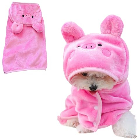 Gleegain Dog Bathrobe with Hood Super Absorbent Soft Quick Drying Towel Wrap Adjustable Puppy Cat Bath Robe Towel for Cold Weather Beach Pool (Pink Pig, Small)