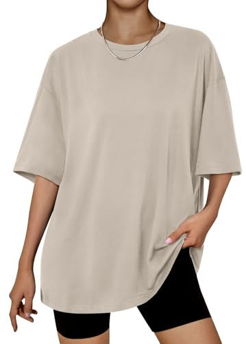 LILLUSORY Oversized T Shirts for Women UK Short Sleeve Tshirts Summer Capsule Wardrobe Fashion Tunic Basic Ladies Boho Tops Gym Crew Neck Yoga Clothing Loose Fit Going Out Clothes Khaki XL