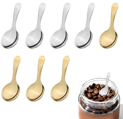8pcs Cuillère à Manche Court, Petites Cuillères Condiments à Manche Court en Acier Inoxydable Ustensiles de Cuisine Pratiques pour Épices Sucre Café et Thé (Argent, Or)