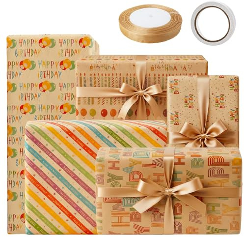 Juego de 5 papel de regalo de cumpleaños, 70 x 50 cm, papel de estraza con cinta adhesiva doble y cinta de regalo, papel de regalo Happy Birthday