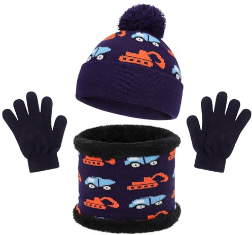 QKURT Set di cappelli invernali, sciarpe e guanti per bambini con motivo a auto, caldi e comodi cappellini lavorati a maglia, scaldacollo, guanti magici per bambini dai 3 agli 8 anni