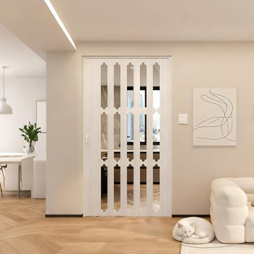 Moubhjd Interior Accordion Door, Retractable Folding Door with Aluminum Frame, Waterproof and Heat Insulation, for Bedroom, Bathroom, Kitchen, Office（Single-Open、Size：W:145 x H:200cm）