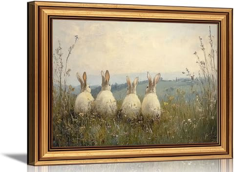 Vintage Gold Framed 3D Textured Wall Art Easter Four Rabbits In Meadow Oil Painting Wall Decor Picture Spring Cottagecore Nature Bunny Landscape Poster Print for Gallery Home Decoration 9x11in