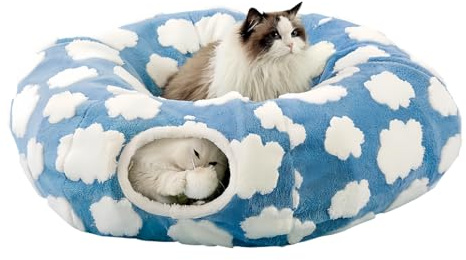 Katzenhöhle Donut | Waschbares Nest mit abnehmbarem Kissen – Katzentunnel, Donut-Kätzchenbett – für Kätzchen, Welpen, kleine Hunde, drinnen, Schlafzimmer, Wohnzimmer, Heimdekoration, Balkon, Wohnung,