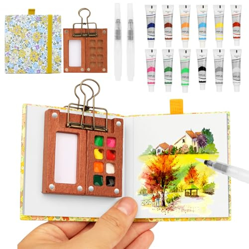 Pocket Aquarell Set，Mini Aquarell Travel Set mit Binder-Clips,Mini Aquarellkasten,Wood Pocket Artist Aquarell-reiseset,Skizzenbuch Palette Set 8 Grids für Maler, Künstler, Studenten（Gelb）