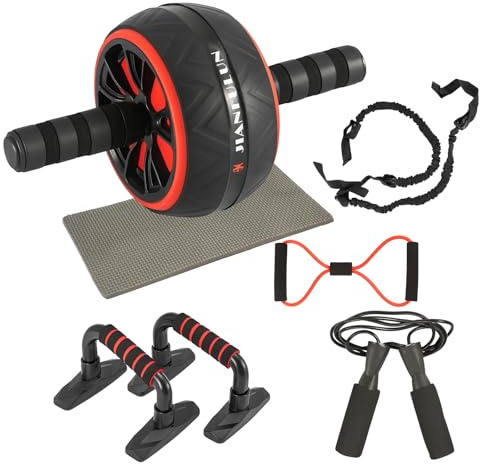 6-in-1 Bauchrolle Set, Heimtrainingsgerät mit Liegestützstangen, Widerstandsband, Kniepolster & Rückenzugband, rutschfester Bauchtrainer für Core-Stärke, Ganzkörpertraining für Männer & Frauen
