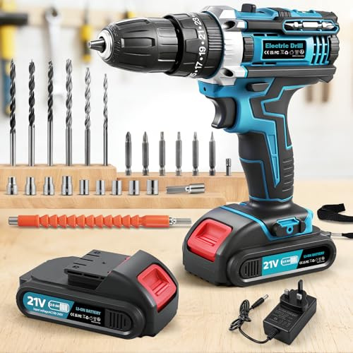 Keleef 21V Cordless Drill Driver, 2 Variable Speed Electric Drills 25+3 Torque 2000mAh Battery Power Drills Machine with LED Work Light, 50 Nm Cordless Drill and Screwdriver Set for Driving & Drilling