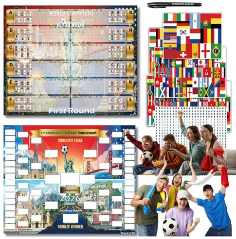 Generisch Spielplan 2026 Poster für Deko Fußball WM 2026 – Alle Spiele, Termine & Austragungsorte – Wandplan für Heim & Bar(Gruppen- & K.O.-Phase) mit Stickern – Premium-Sammlerstück Fan-Geschenk