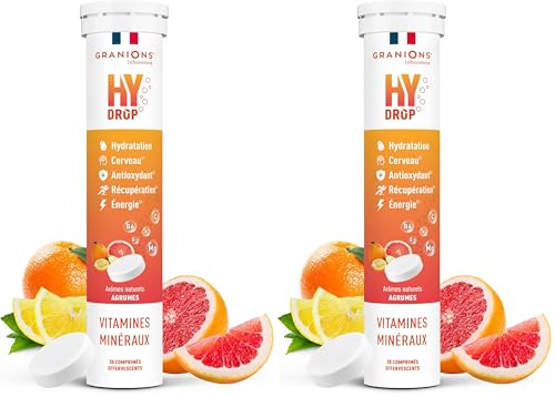 GRANIONS HYDROP - Pastilles Hydratation - Agrumes - SANS SUCRES - Fabriqué en France - Electrolytes - Vitamines, Minéraux, Magnesium - Pastille Hydratation - 20 Pastilles Effervescentes (Lot de 2)