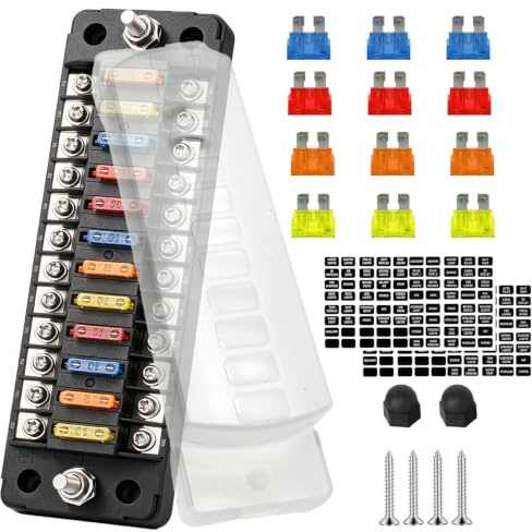 12 Fach Sicherungshalter, 12 Volt Sicherungsblock ATC/ATO KFZ Sicherungskasten 24 Sicherungen Flachsicherungen mit Wasserdichtem Deckel Positiver Negativer für Auto LKW Boot VAN SUV Marine Fahrzeug