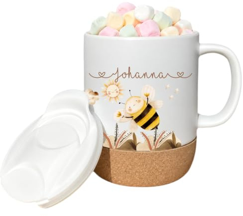 Personalisierte Kindertasse mit Namen, Keramiktasse für Kinder mit Korkboden & Deckel, 14 Motive, Kinderbecher Geschenk für Mädchen & Jungen zu Geburtstag, Einschulung, Weihnachten (Biene)