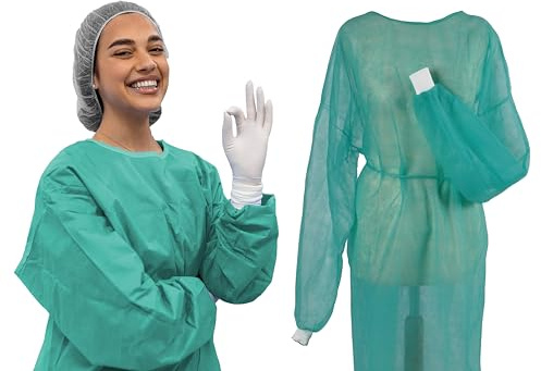 TIGA-MED Einwegkittel – 100 Stück - Vlies Schutzkittel mit Trikotbündchen, 130 × 155 cm, grün – MRSA geeignet – Besucherkittel für Klinik, Praxis, Pflege & Labor