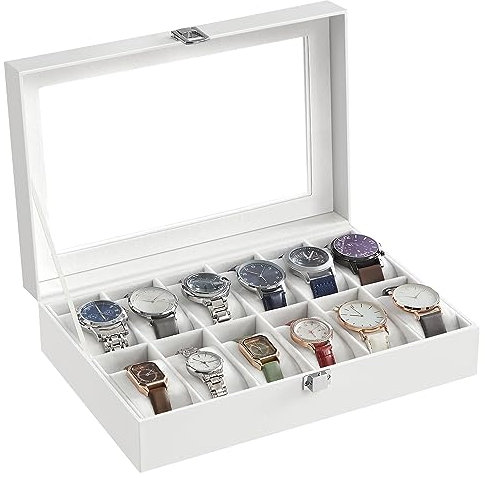 SONGMICS Caja de Relojes con 12 Compartimentos, Estuche de Relojes con Tapa de Cristal, Cojín Extraíble, Cierre Metálico, Regalo, Cuero Sintético Blanco y Forro Blanco JWB202