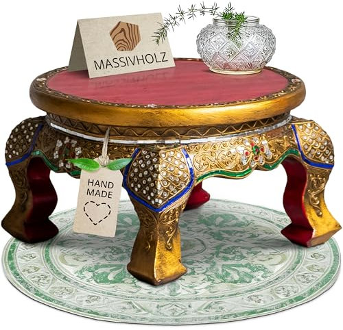 livasia Runder Opiumtisch aus Massivholz – Ø40cm, 23cm hoch – Handgeschnitzter Beistelltisch Holz aus Thailand, Nachhaltig, mit kunstvollen Glasmosaik Steinchen (40 cm)