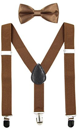 HANERDUN Unisex Hosenträger mit Fliege für Jungen und Mädchen, Befestigung mit drei Kleiderclipse am Hosenbund möglich, Kaffeebraun, Einheitsgröße